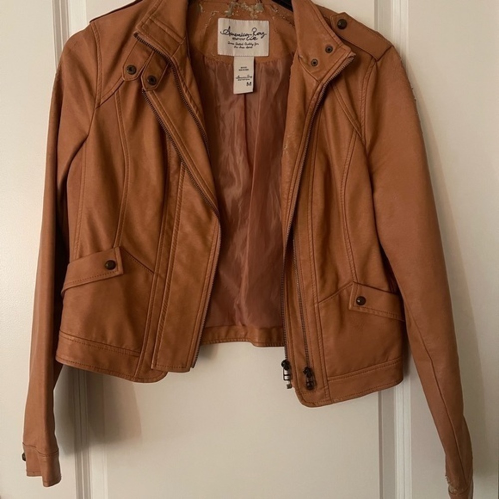 Faux leather American Rag tan Moto jacket size (distressed)